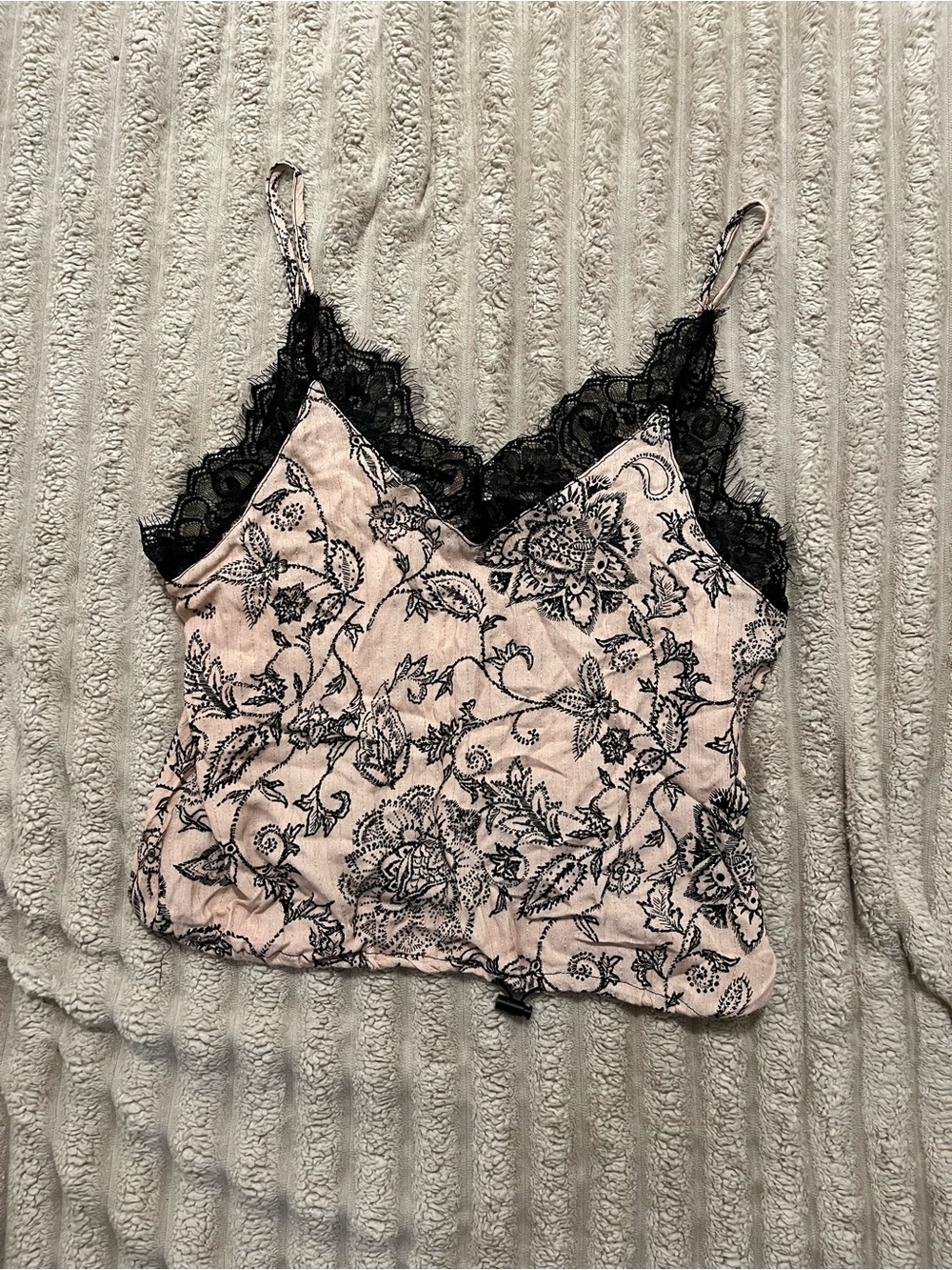 Willow Root Floral Cami Top Blush Pink Black Lace Trim Size M